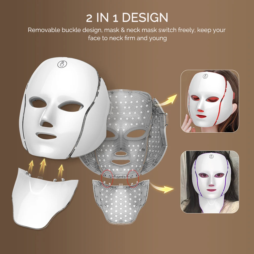 LED Facial Mask with Neck – 7 Colors Light Therapy | Anti-Aging, Skin Rejuvenation & Brightening Beauty Device