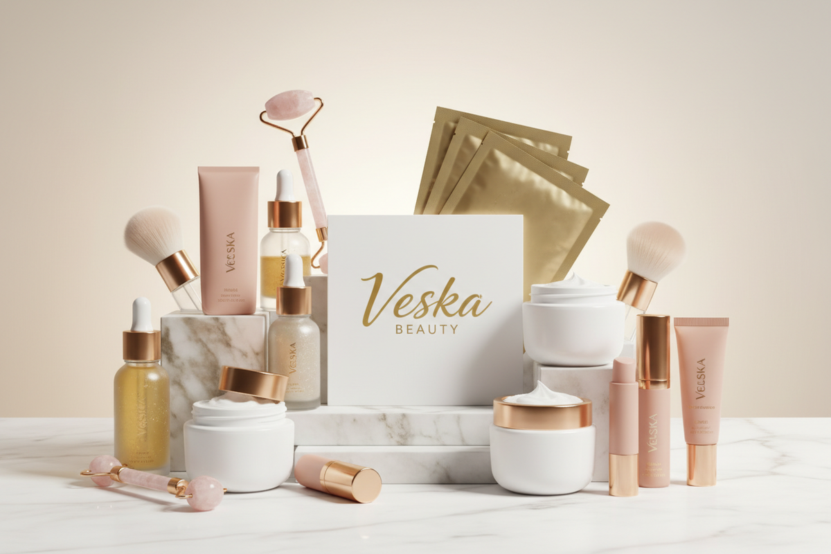 Veska beauty logo and beauty products all together